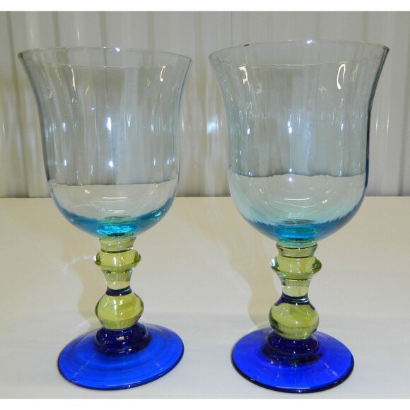 Anthropologie Glass Galleria 7 1/4" Wine Water Goblet Glass Blue Green Set Of 2 - Picture 5 of 10